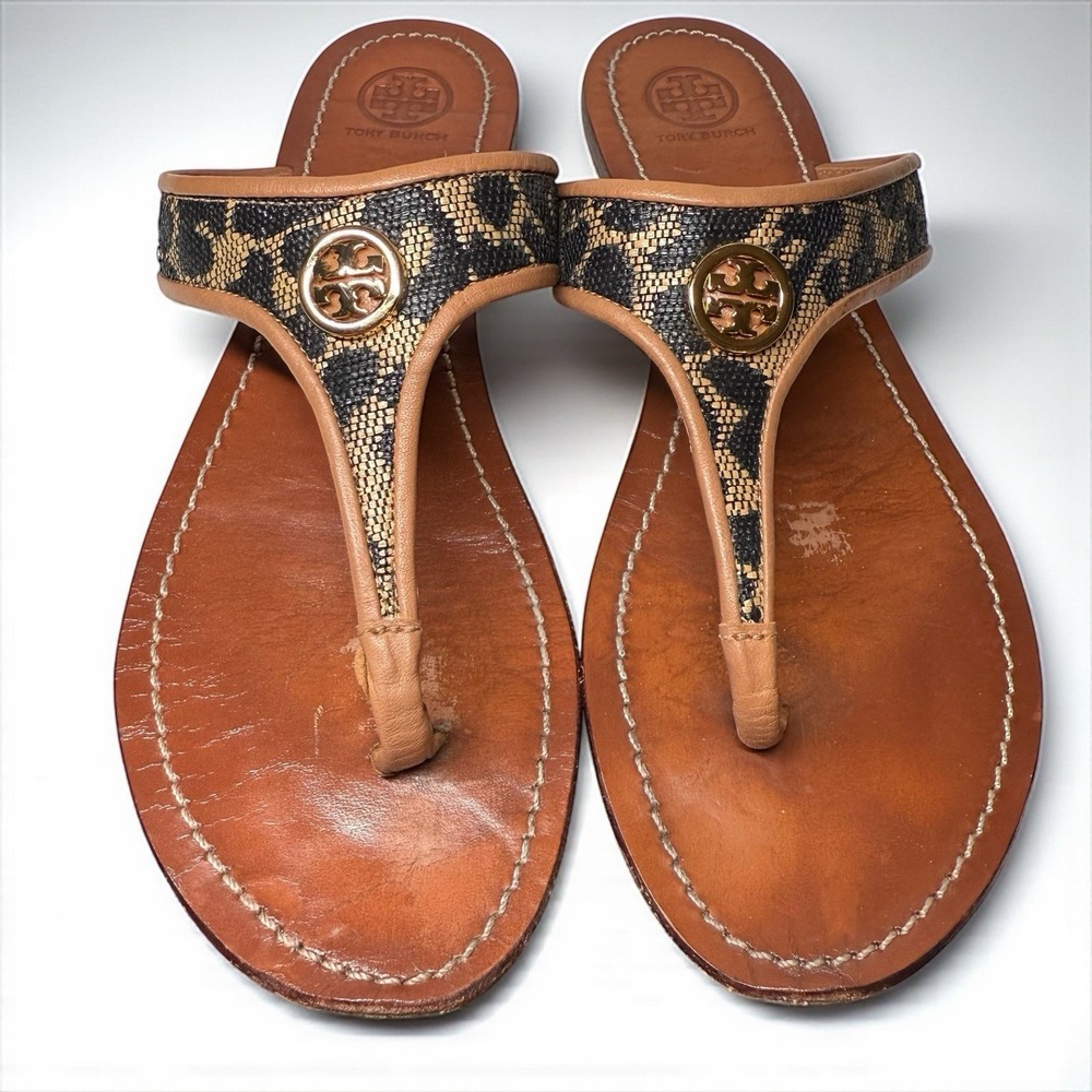 TORY BURCH Cameron Black Leopard Print Gold Logo Sandals Women's Size 9
